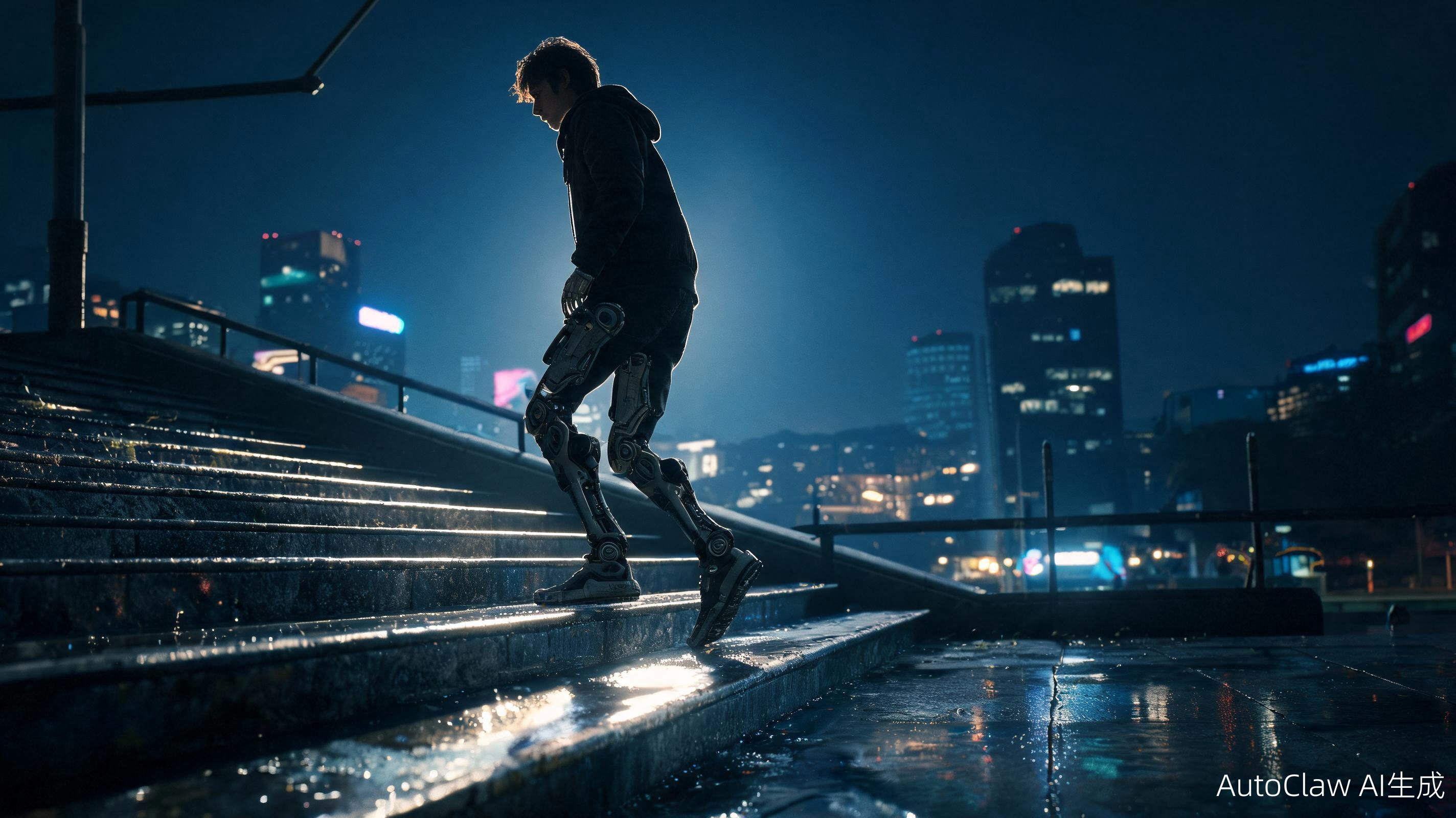 概念视觉 · 城市夜色中穿戴光木外骨骼行走的人